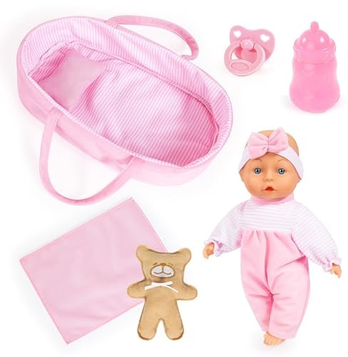 Bayer Design Poupée bébé 28 cm, Corp Souple avec couffin et Accessoires | corp souple, couffin poupon, ours en peluche, tétine, biberon, coussin, couverture