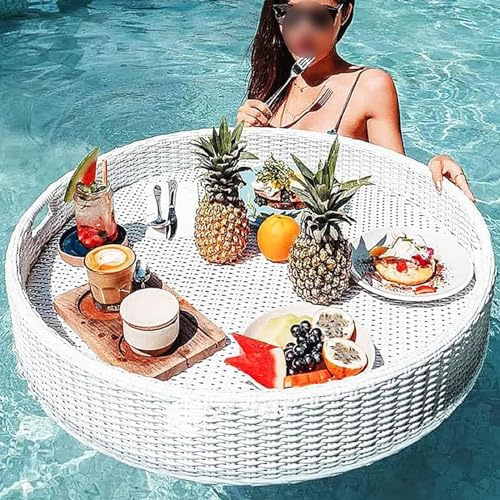 GALPBBCADE Schwimmendes Tablett für Pool Mode Runden Rattan Gewebtes Serviertablett Schwimmtablett für den Pool mit Griffen Servierbar Schwimm-Getränkehalter Salat Essen für Camping,A,60CM