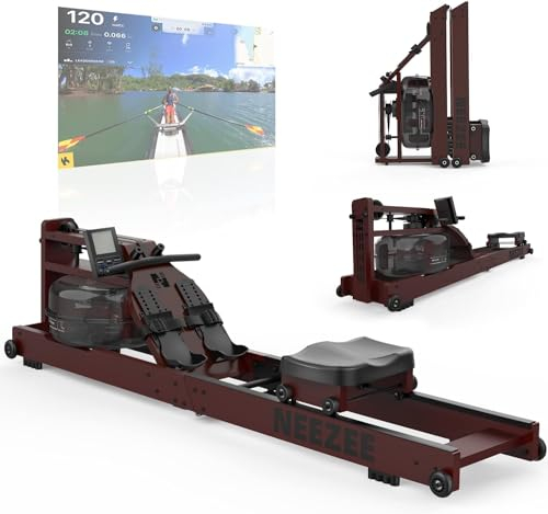 Neezee Wasser Rudergerät für Zuhause, Klappbar Rudergerät aus Massivholz, Rudermaschine mit Bluetooth Anzeige und 20L Wassertank, Max 200kg Belastbar,Kinomap App kompatibel(Rot Bluetooth)