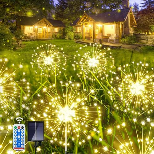 Ovker Solarleuchten für Außen, 4 Stück 120LED Solar Feuerwerk Gartenleuchten, 8 Modi Solarstecker Gartendeko Pusteblume Wetterfest Solarlampe für Garten Balkon Blumenkästen Deko (Warmweiß)