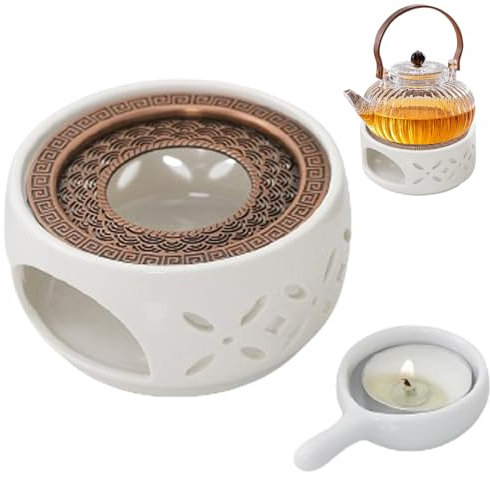 SAMSYOKI Chauffe-Théière en Céramique, Réchaud Avec Porte-Bougie et Tapis de Poêle, Réchauffeur en Porcelaine Pour Conservation de Chaleur Café Thé Lait (Fleurs)
