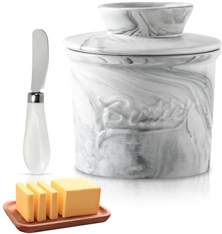 WIYETY Mantequillera de cerámica con tapa, estilo francés, vintage, porcelana blanca, refrigerada por agua para mantequilla fresca, incluye raspador y caja de almacenamiento
