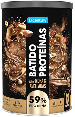 Bicentury Batido de Proteína Sabor Moka & Avellana, Rico en Fibra, Sin Azúcares Añadidos, Bajo en Grasas, Optimo para la Recuperación Muscular, 340 g, 10 raciones Moka & Avellana