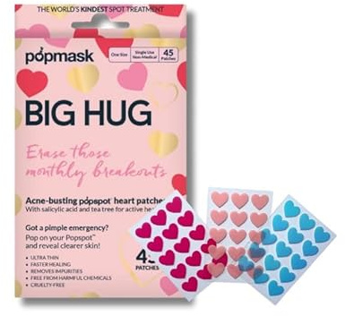 Popmask Big Hug Hydrocolloid Pimple Patches Heart Shaped 45 Count | With Salicylic Acid and Tea Tree Oil. Acne Spot Treatment for Blemishes, Redness and Hormonal Breakouts.