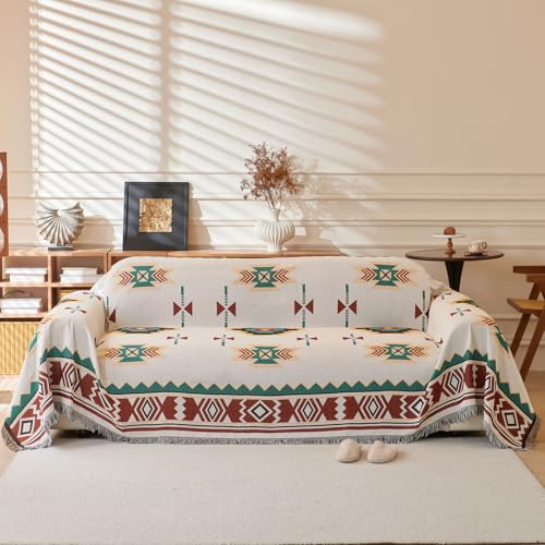 LHGOGO Azteken-Sofa-Überwurfdecke mit Quasten, Bohemian-Stil, 180 x 230 cm | Extra dicke, dichte Baumwollmischung, gewebte Überwürfe für 2-Sitzer-Sofas, Sofas und Sessel, wendbar, maschinenwaschbar