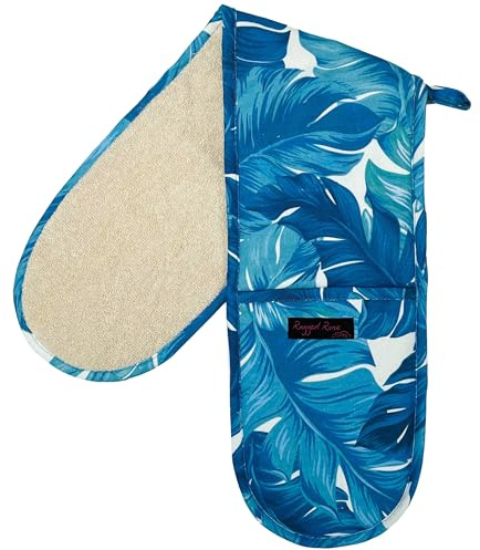 Double Oven Gloves - 84 cm x 18 cm x 1 cm, 1-Piece Oven Mitts for Cooking & Baking - Cotton, Machine Washable at 30° - Kitchen Essentials by Ragged Rose - (Turquoise Palms)