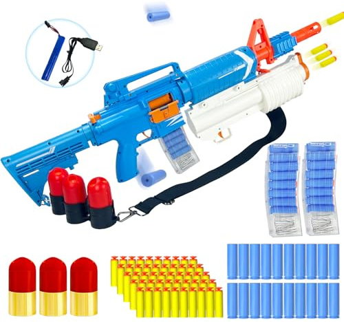 Toy Gun, Shell Ejecting Toy Gun, Realistic Gun, Grenade Launcher - Blue | 3 Grenade Bullets Auto / Manual Modes, Electric M16 Gun, Elastic Band with Grenade Launcher