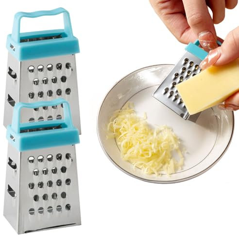 Käsereibe,Reibe für Gemüse,Kartoffelreibe,Küchenreibe Reibe Edelstahl, 4 Reibeflächen Gadgets für die Küche,Zerkleinert,in Scheiben geschnitten,Knoblauch (Blau-2)
