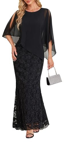 Damen-Cape-Kleid in Übergröße mit Chiffon-Overlay-Kleid, formell, Abendkleid, Spitze, lang, Meerjungfrauenkleider 2025, Schwarz, Groß