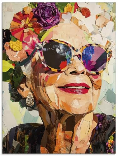ARTland Wanddeko Glasbilder Wandbild Glas Bild 60x80 cm Porträt Frau mit Sonnenbrille Mode Blumen Farben Collage U5MP