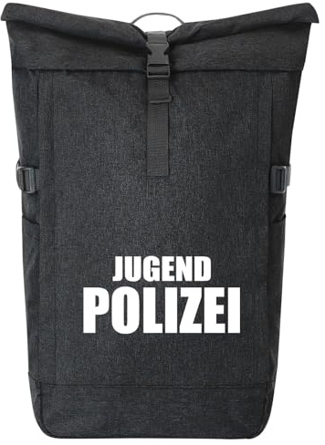 Huuraa Kurierrucksack Jugend Polizei Schriftzug 30-44 Liter Black Melange Fairtrade Rolltop Rucksack Geschenkidee