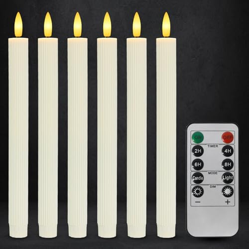 Dixmas 6 Stück LED Stabkerzen mit Fernbedienung Flammenlose Tafelkerzen mit Timerfunktion, LED Kerzen Perfect für Weihnachten, Streifenmuster, Warmweiß
