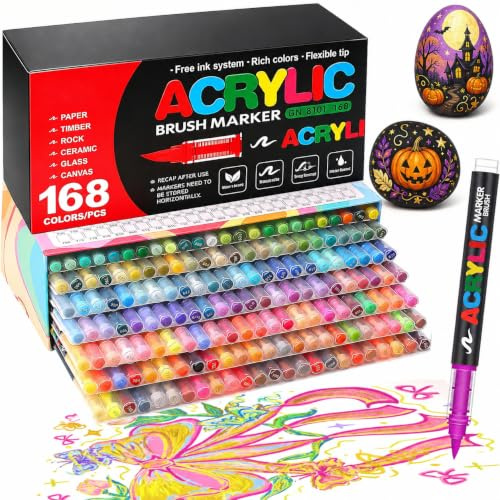 Bonala 168 Acrylstifte Set mit Pinselspitze – wasserfeste Acrylmarker zum Steine bemalen, für Stoff, Glas, Holz, Keramik – ideales Malset für kreative Erwachsene