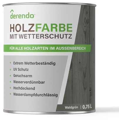 derendo Holzfarbe Waldgrün außen wetterfest Wetterschutzfarbe Grün 750ml | Langzeitschutz, Holzlack seidenglänzend , Holzschutzlasur hohe Deckkraft, Außenbereich