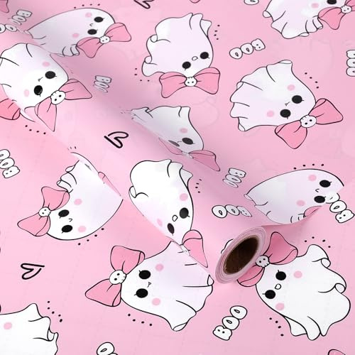 Fabllewavi 1 Roll Pink Ghost Boo Wrapping Paper Mini Roll - 17in x 32.8Ft Cute Ghost & Boo Pattern Gift Wrap Paper for Girly Halloween Baby Shower DIY Crafts Trick & Treat Party Supplies