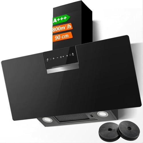 SNDOAS A+++ Angled Cooker Hood 90cm, 800 m³/h Cooker Hood with Touch Control & Gesture Sensor, for Recirculating & Ducting System Wall Mounted Extractor Fan kitchen, Includes Carbon Filters
