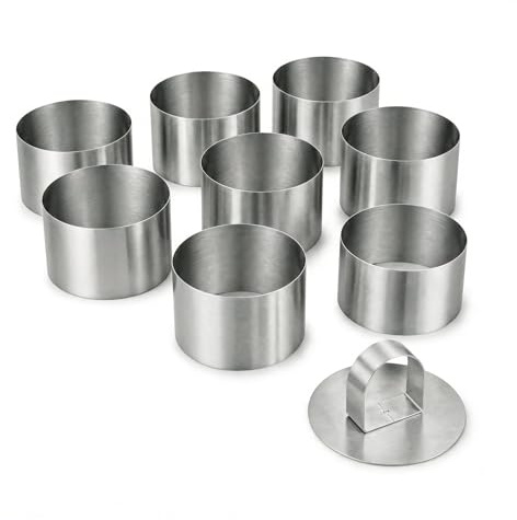 XxinXrong 8 Stück Dessertringe 8cm mit Pushers Edelstahlmaterial | Aus Edelstahl, 8 cm, inkl. Pusher. Für Mousse, Torten, Mini-Kuchen und zum Pressen.