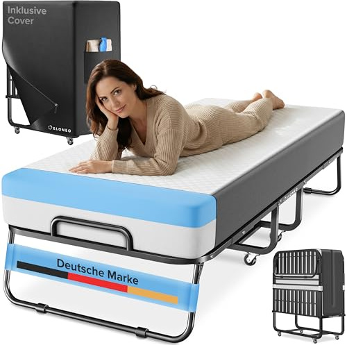 ELONEO Klappbett 80x200 cm inkl. Premium Matratze aus Memory-Schaum | Gästebett klappbar, belastbar bis 250kg | faltbares Reisebett mit Metallrahmen und Transportrollen | Schrankbett inkl. Schutzhülle
