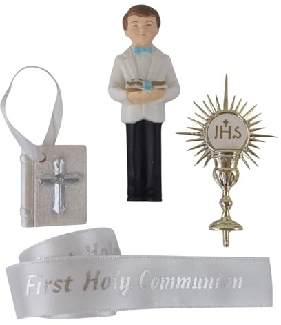 First Holy Communion Cake Topper Set – Boy Figurine, Bible, Chalice/Monstance & Silver Ribbon (1m) – Religious Cake Decoration