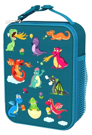 Ion8 Dragons Lunch Bag, Easy Access 3-Sided Zip, Write-On Name Patch, Freshness & Insulation for 6 Hours, Elasticated Mesh Pocket for Bottles, Machine Washable, Polyester Material