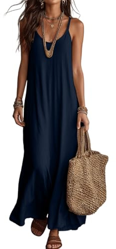 Sommerkleid Damen Ärmelloses Cami-Kleid Strandkleid Damen Boho Swing Ärmellos Lang Maxi Lässig Für Urlaub Strand Haus Einfarbig Locker Spaghettiträger Kelid