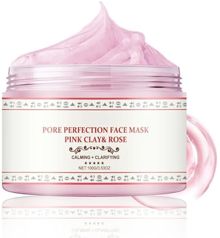 Pink Clay Face Mask, Organic Rose Clay Mask for Women, Clay Face Mask with Bentonite & Kaolin Clay, Pore Minimizer, Calming, Clarifying, Deep Cleansing & Hydrating Face Mask Skincare
