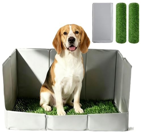 Inodoro para perros con 2 piezas de césped artificial y bandeja recogedora de 82 × 55 × 40 cm, plegable y a prueba de fugas, con separador de orina, portátil para perros pequeños y grandes, uso