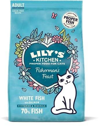 Lily's Kitchen Mit natürlichen Zutaten hergestellt Trockenfutter für ausgewachsene Katzen Weißfisch mit Lachs Getreidefreie Rezeptur 2kg