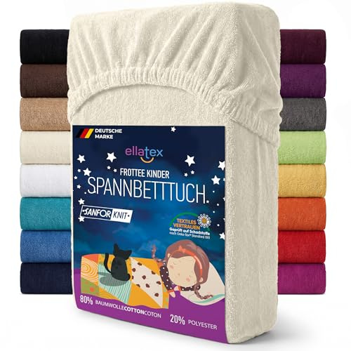 EllaTex Frottee Kinder Spannbettlaken 70x140 – 200 g/m², weich & wärmend, für Kinderbett & Babybett, elastisch & pflegeleicht, Farbe: Natur