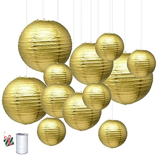 Treer Lanternes de Papier Colorées, 12pcs Décorations Chinoises en Papier Suspendu pour Lanternes à Boule Lampes Fête de Noël Décoration de Mariage (Or)