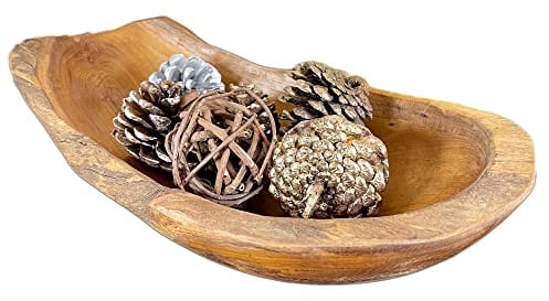 Teak Root Long Bowl 35cm Antique Rustic Kitchen Hand Carved Wood Fruit Snacks Food