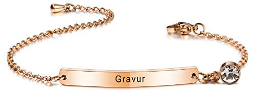 MeMeDIY Personalisiertes Armband Angepasste Gravur Name/Datum/Koordinaten für Frauen Freundin Beste Freundin Knöchelgelenk aus Edelstahl Geburtsstein Bar-Armband mit Verstellbarer Kette (Roségold)