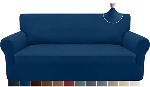 Granbest Strecken Sofabezug 3 Sitzer Superweich Elasthan Sofaüberwurf für Hunde Haustier Couchbezug Möbelschutz mit Elastischen Boden (3 Sitzer, Dunkelblau)