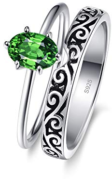 BONLAVIE 925 Sterling Silber Vintage geschnitzt Verlobungsring-Sets für Frauen Erstellt Grün Smaragd Frauen Ewigkeit Hochzeit Bands Größe54.4(17.3)