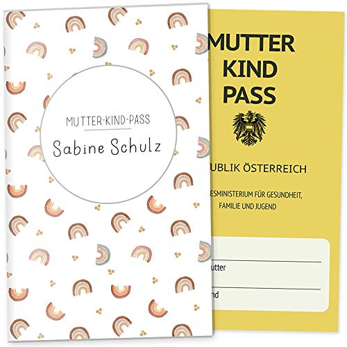 OLGS österreichische Mutter-Kind-Passhülle Little Friend - Personalisierte 3-teilige Schutzhülle, Schwangerschaftsgeschenk, inklusive Fach für Ultraschallbilder, Design Mike Blanko