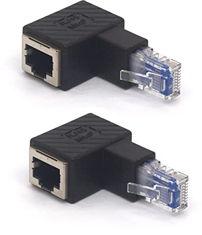 HTGuoji - Lot de 2 adaptateurs Ethernet RJ45 coudés à 90 degrés RJ45 8P8C mâle vers femelle Cat5e Cat6 (haut)