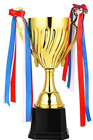 NUOBESTY Gold Award Trophy Cups, Golden Metal Trophies Cup with Ribbon for Competitions School Rewards Game Prize Party Decoration