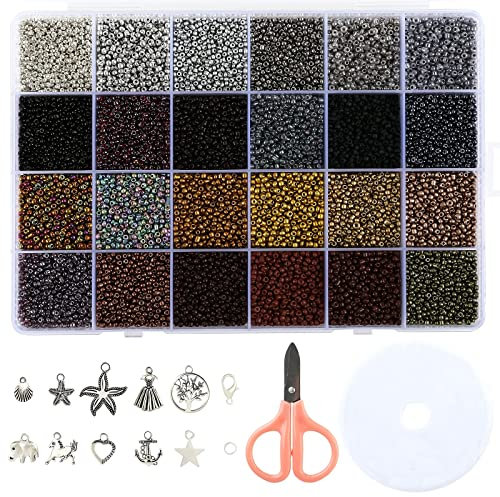 Naler 24000 Stück Rocailles Perlen 2 mm Glasperlen Dunkler Farbton Rund Beads mit Charms Anhängern und Schmuckfaden zum Basteln, 24 Farben