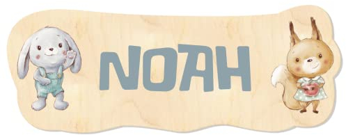 Personalisiertes Kinderzimmer Türschild 'Waldtier' aus Holz, Motiv Waldtiere, Hase und Eichhörnchen, Kinder Namensschild, ca. 25 x 9,5 cm