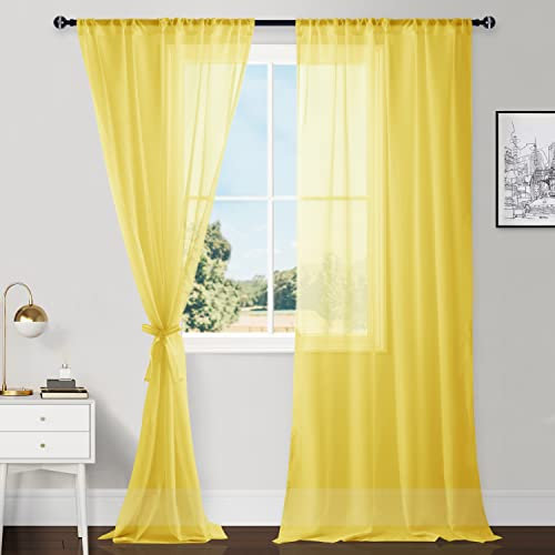 Hiasan Sheer Curtains for Bedroom with Tiebacks, Light Filtering Voile Textured Drape Lightweight Rod Pocket Window Curtains for Patio Door, Living Room, Nursery, Yellow, W52 x L96, Set of 2 Panels