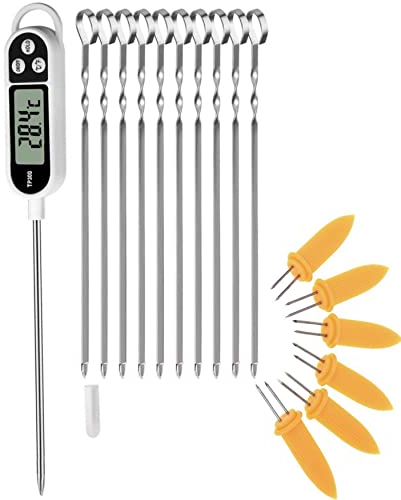 Meat Thermometer LCD dispay accurate readings for Poultry Chicken Beef Fish Liquid Water- Stainless Steel Kebab Skewers(6Pack) - Corn on the Cob holder(6Pack) BY Noondl Kitchen
