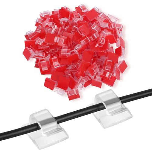 Minicoco Adhesive Cable Clips Outdoor Light Wire Clips, Cable Tidy Hooks Cord Organiser Holder, for Cable Management, Christmas Hanging Decorations Fairy Light,Car, Under Desk(Clear, Red) (60 PCS)