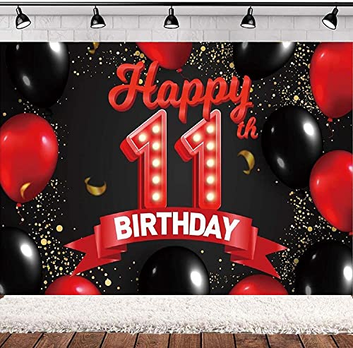 Fotografie Hintergrund Roten Und Schwarzen Banner Luftballons Dekoration Für Mädchen, Frauen 11 Jahre Alt 11th Geburtstag Party Hintergrund, Glitter Gold 240X180cm