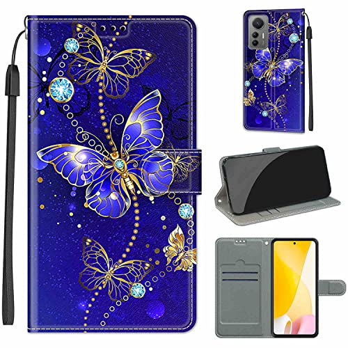 TOMYOU Handyhülle für Xiaomi 12 Lite Hülle, Blauer Schmetterling | Standfunktion, Kartenfach, Magnetisch, Stoßfeste Schutzhülle, Flip Leder, Klapphülle