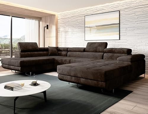 Moderno Ecksofa mit Schlaffunktion und Bettkasten VARBERG - Sofa mit Robusten Überzug - Schlafcouch U-Form - Modern Couch - 72x345x205 cm - Links Braun