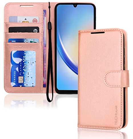 TECHGEAR Galaxy A34 5G Leather Wallet Case, Flip Protective Case with Wallet Card Holder, Stand and Wrist Strap - Rose Gold PU Leather with Magnetic Closure Designed For Samsung A34 5G