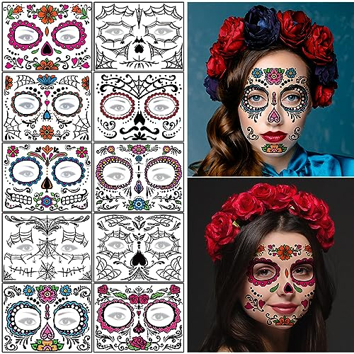 10 Blätter Tag der Toten Gesicht Tattoos,Halloween Temporäre Tattoos Gesicht Aufkleber Kit Día de Los Muertos Glitter Rote Rosen Skelett Zuckerschädel Fake Tattoo