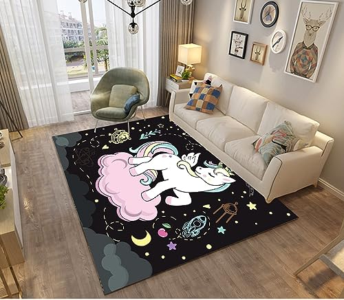 LOMDEM Teppiche für Kinderzimmer Cartoon Regenbogen Einhorn Mädchen Jungen Spielmatte Rosa Lila Pferd Teppich für Wohnzimmer Schlafzimmer Balkon Flur Küche Bad Kinderteppiche (Farbe 2,160x200 cm)