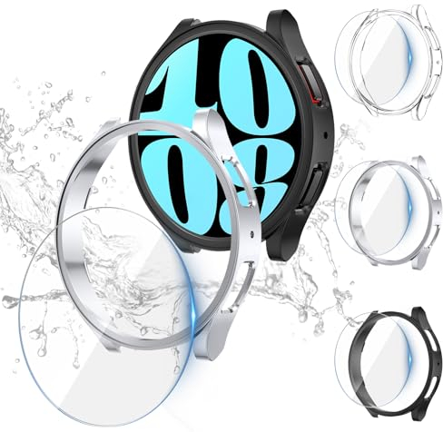 [3+3Stück] Kamita Hülle Kompatibel mit Samsung Galaxy Watch 6 44mm mit Displayschutzfolie, 3 Hartglas Schutzfolie und 3 Hart PC Bumper Case Schutzhülle für Galaxy Watch6 (Klar+Schwarz+Silber)