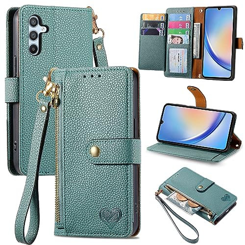 VEEMOS Zipper Wallet Case for Samsung Galaxy A34 5G Phone Case with Purse Card Holders RFID Blocking Leather Flip Case Book Cover Wrist Strap Women - Green